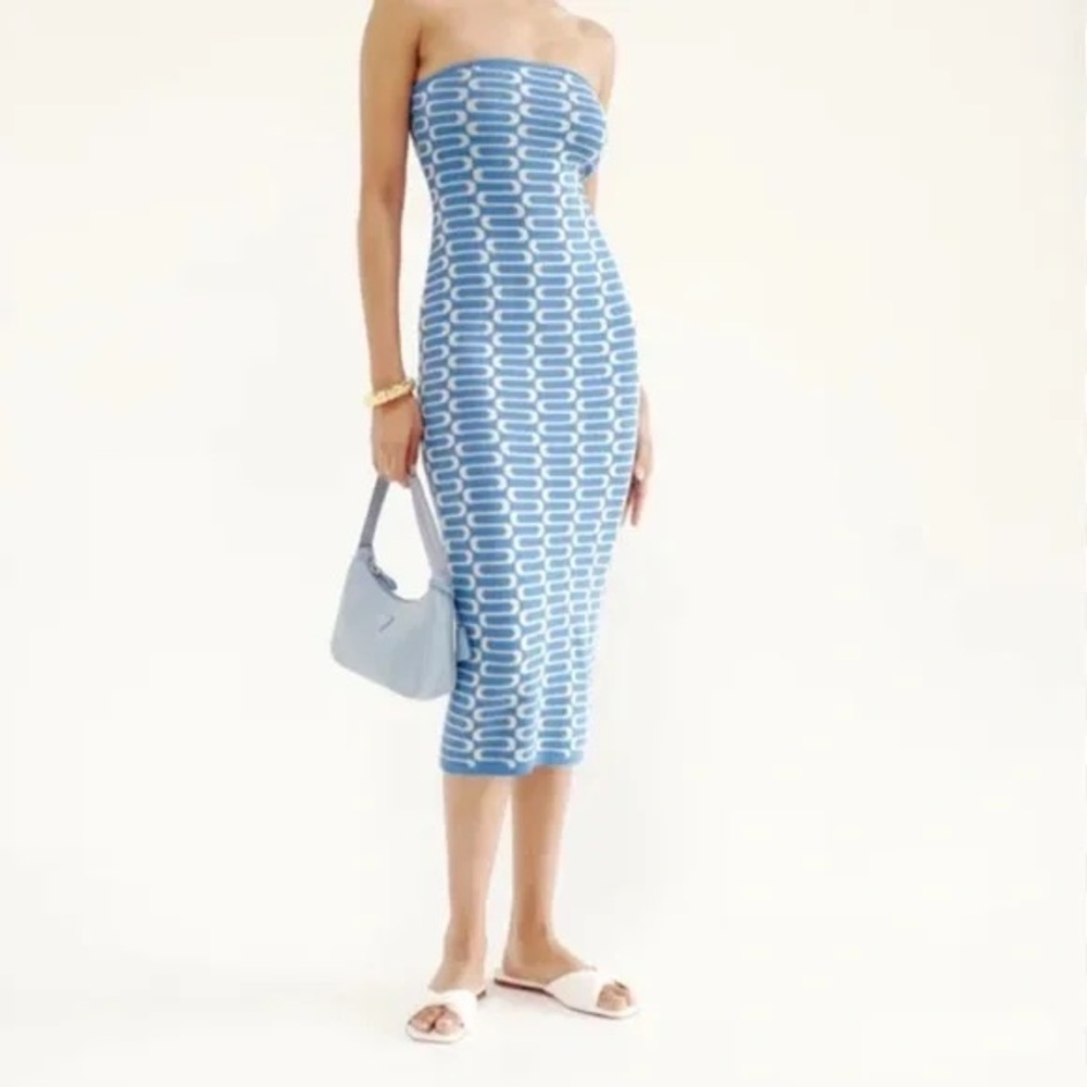 Reformation Blue Patterned Strapless Dress